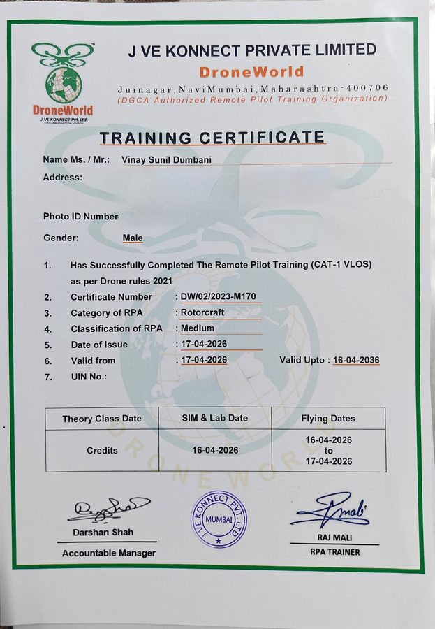 Medium RPA Remote Pilot Training certificate
