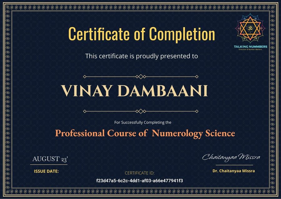 Professional Course of Numerology Science certificate