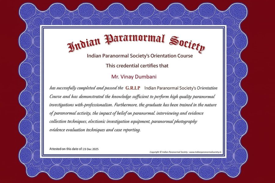 Indian Paranormal Society Orientation Course certificate