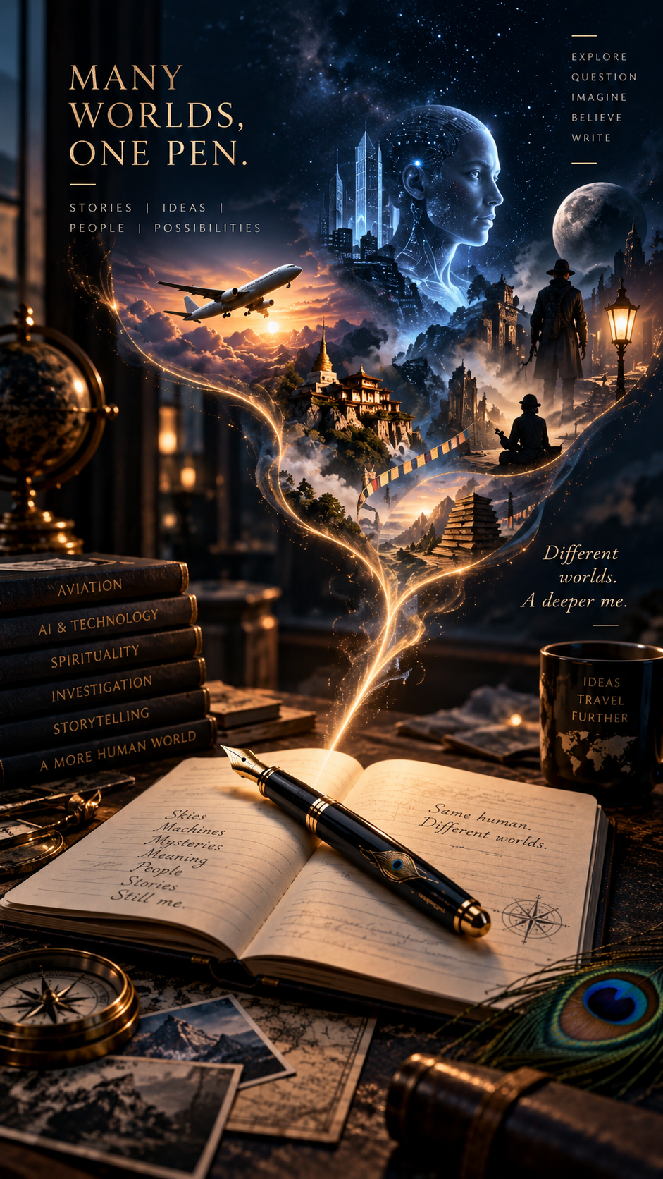 Many Worlds, One Pen — an open journal and fountain pen from which aviation, technology, spirituality, mystery and storytelling worlds rise in golden light
