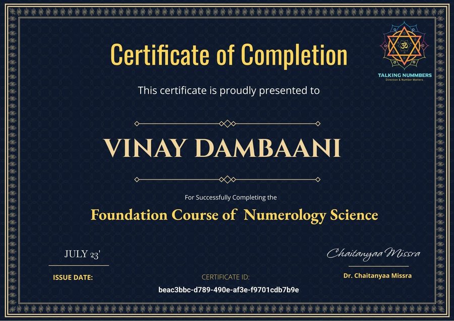 Foundation Course of Numerology Science certificate