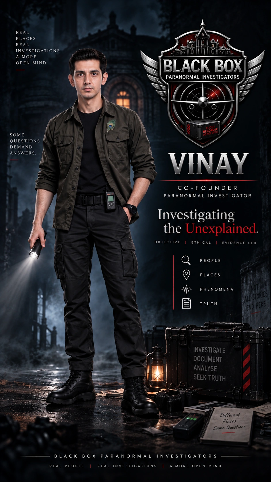 Vinay Dambani in the supplied BBPI investigator artwork, holding a flashlight alongside the Black Box emblem