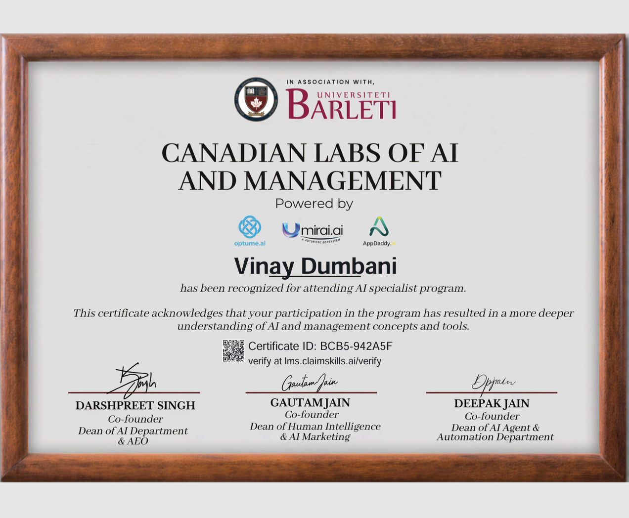 Original AI Specialist Program certificate issued to Vinay Dumbani by Canadian Labs of AI and Management, certificate ID BCB5-942A5F
