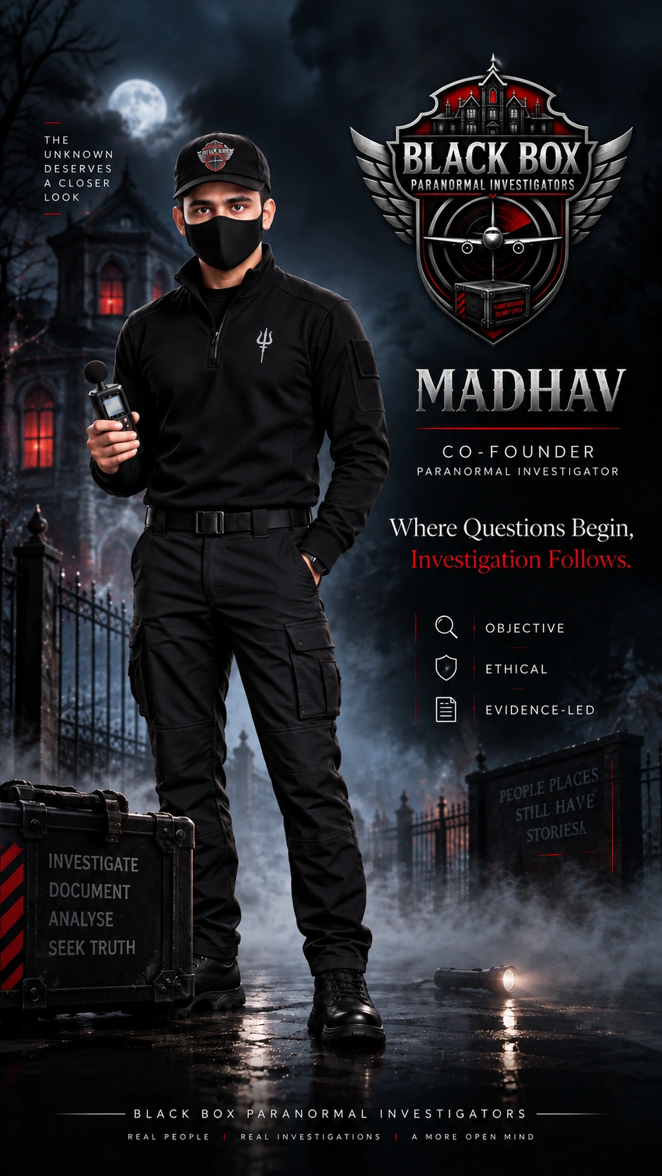 Madhav Ugrejiya in the supplied BBPI investigator artwork, holding recording equipment alongside the Black Box emblem