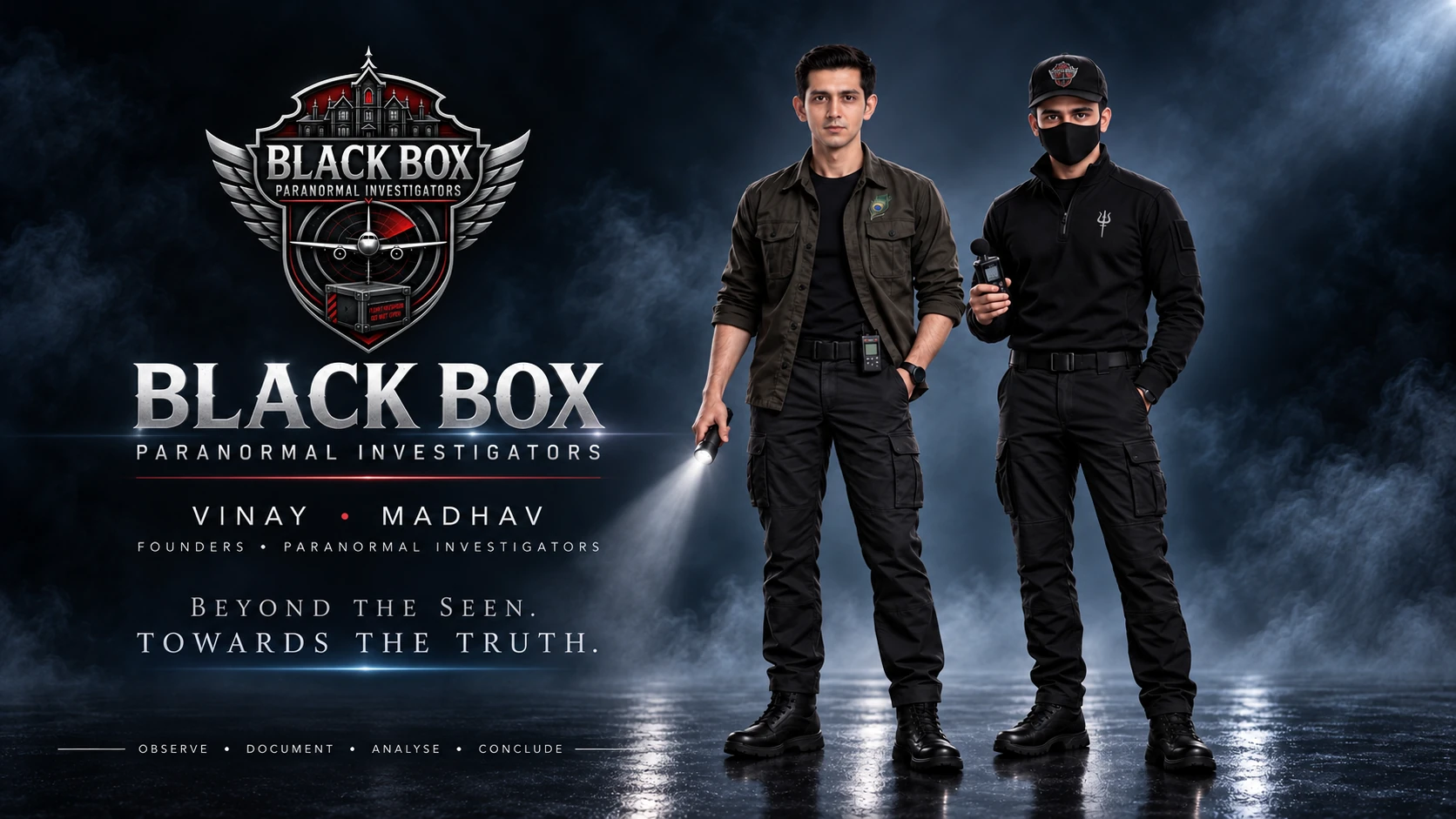 BBPI founders Vinay Dambani and Madhav Ugrejiya together, with the official Black Box Paranormal Investigators emblem and Beyond the Seen, Towards the Truth statement