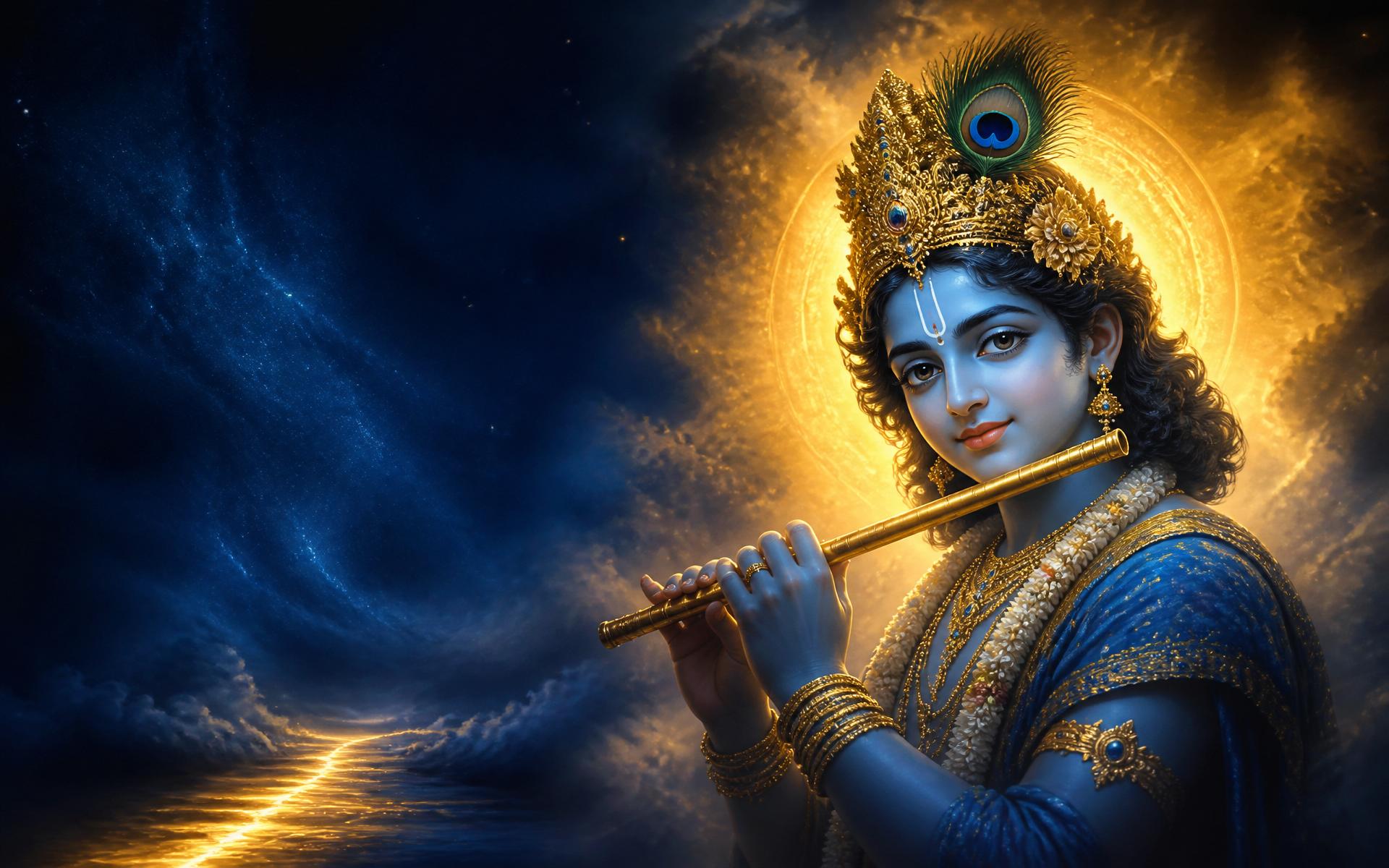 Cinematic AI-hybrid depiction of Lord Krishna with peacock feather crown and golden flute above a luminous horizon