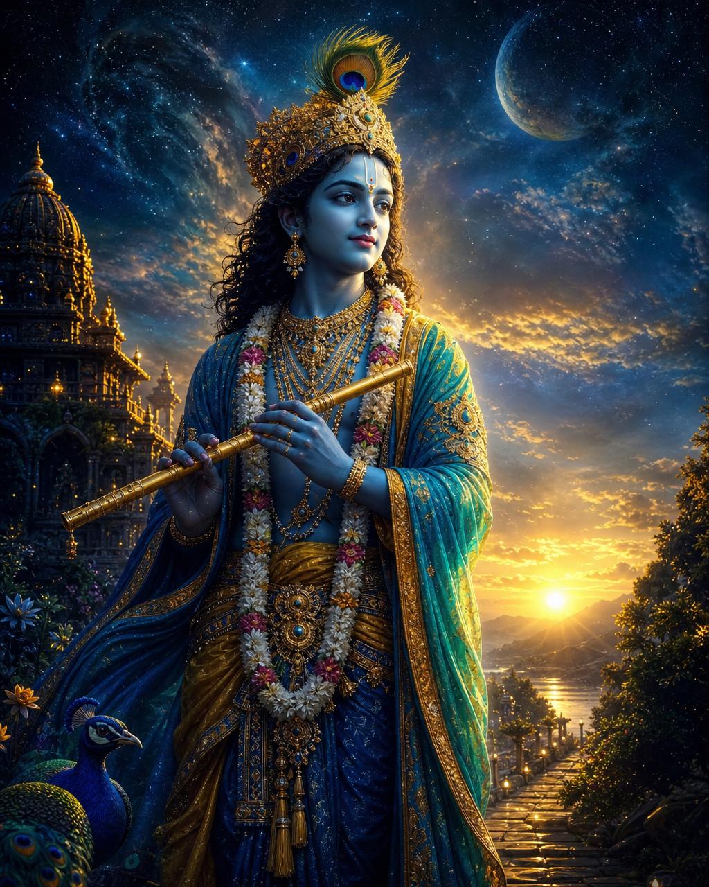 Lord Krishna holding a golden flute beside a glowing celestial horizon