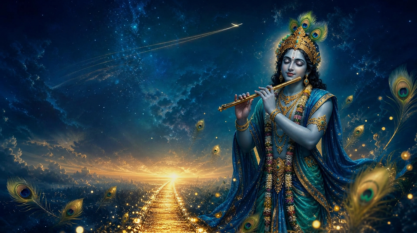 Cinematic depiction of Lord Krishna with peacock feather crown and golden flute above a luminous horizon and aerial light trail