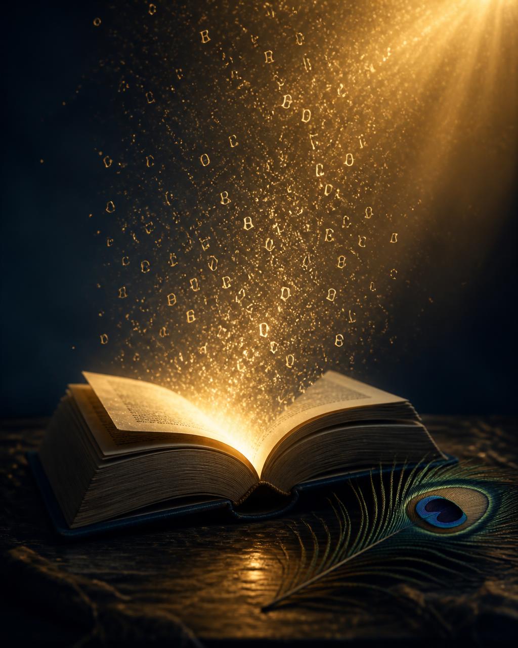 An open book lit by warm golden light with a peacock feather resting beside it