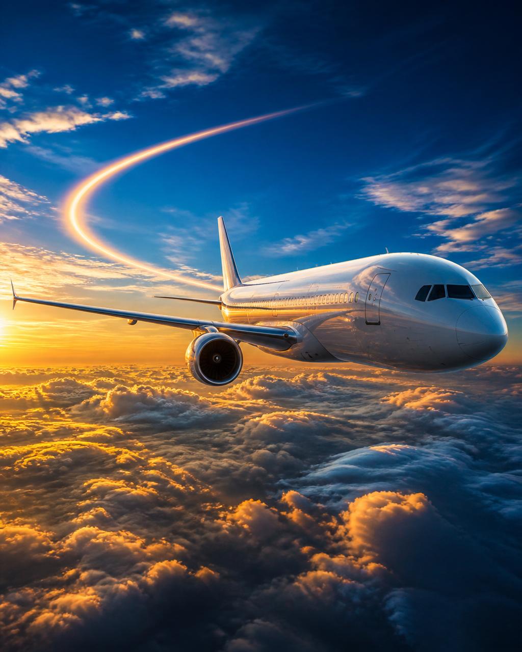A commercial aircraft above the clouds in cinematic light