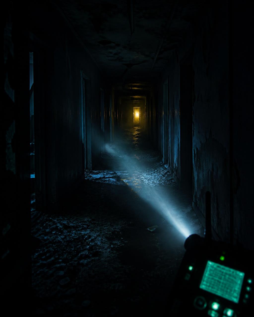 A dark corridor at night lit by a single investigation flashlight beam