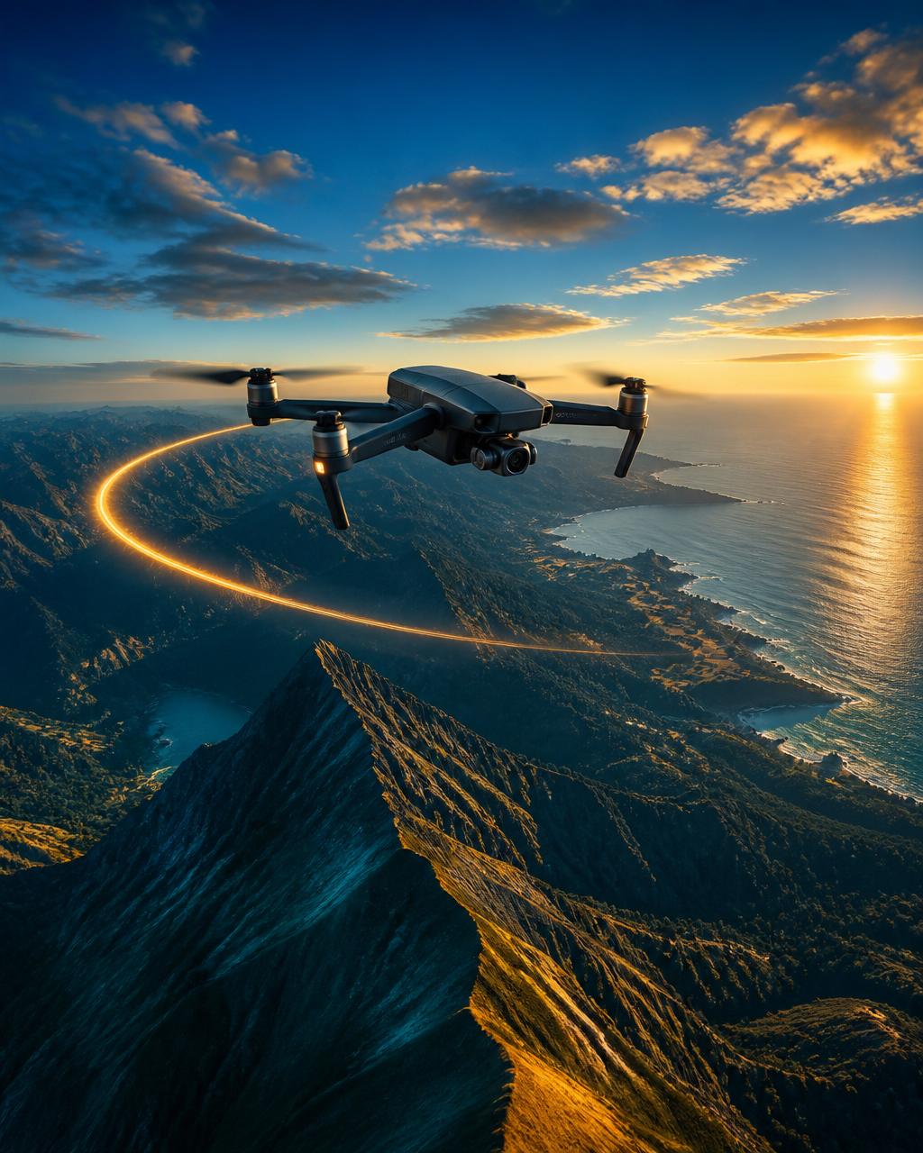 An aerial drone perspective over a dramatic landscape